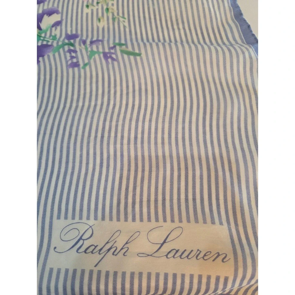 VTG 1980's Ralph Lauren Silk Scarf 34x34 Blue White Striped Floral Cottagecore